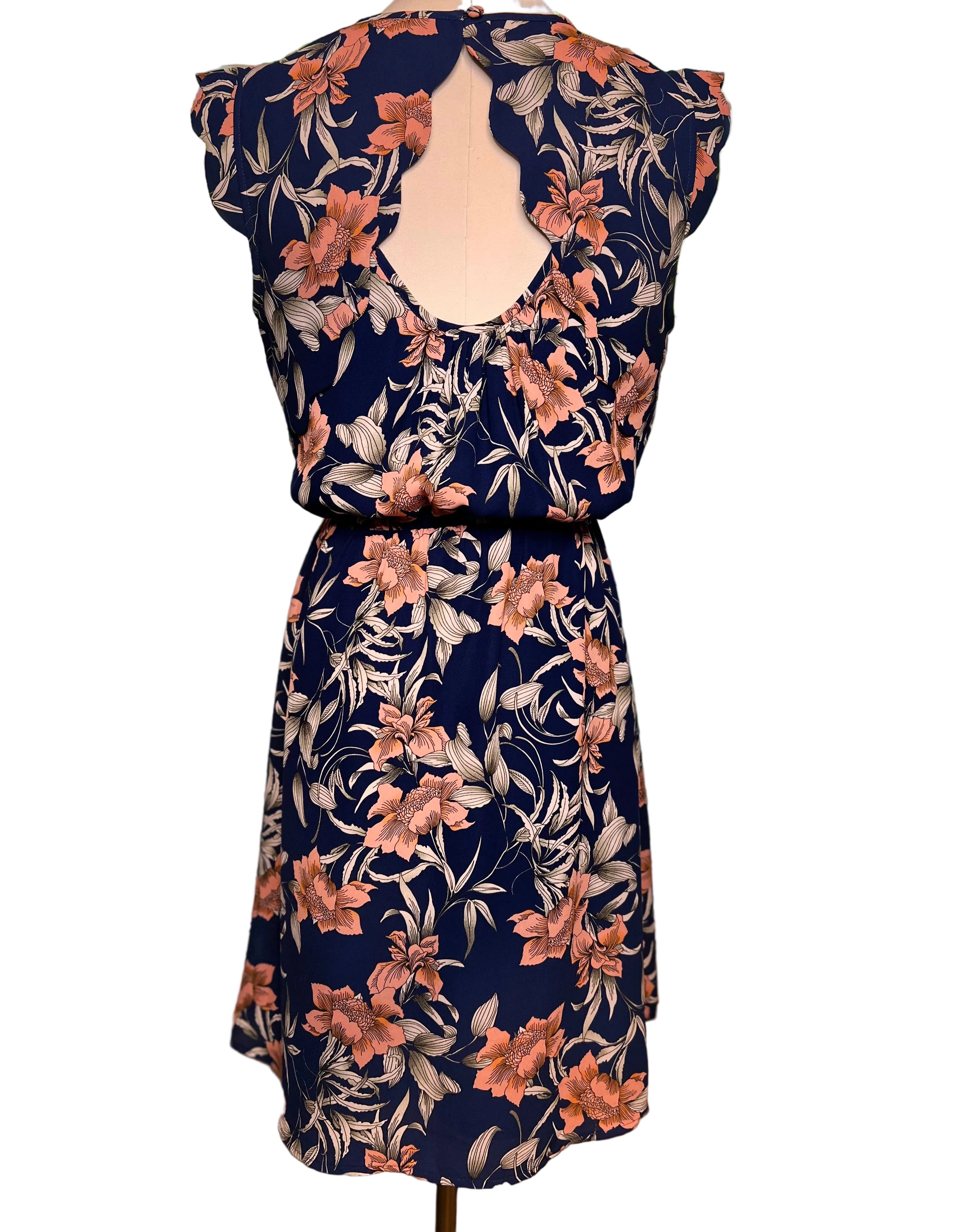 Navy Floral Flutter Sleeve Dress