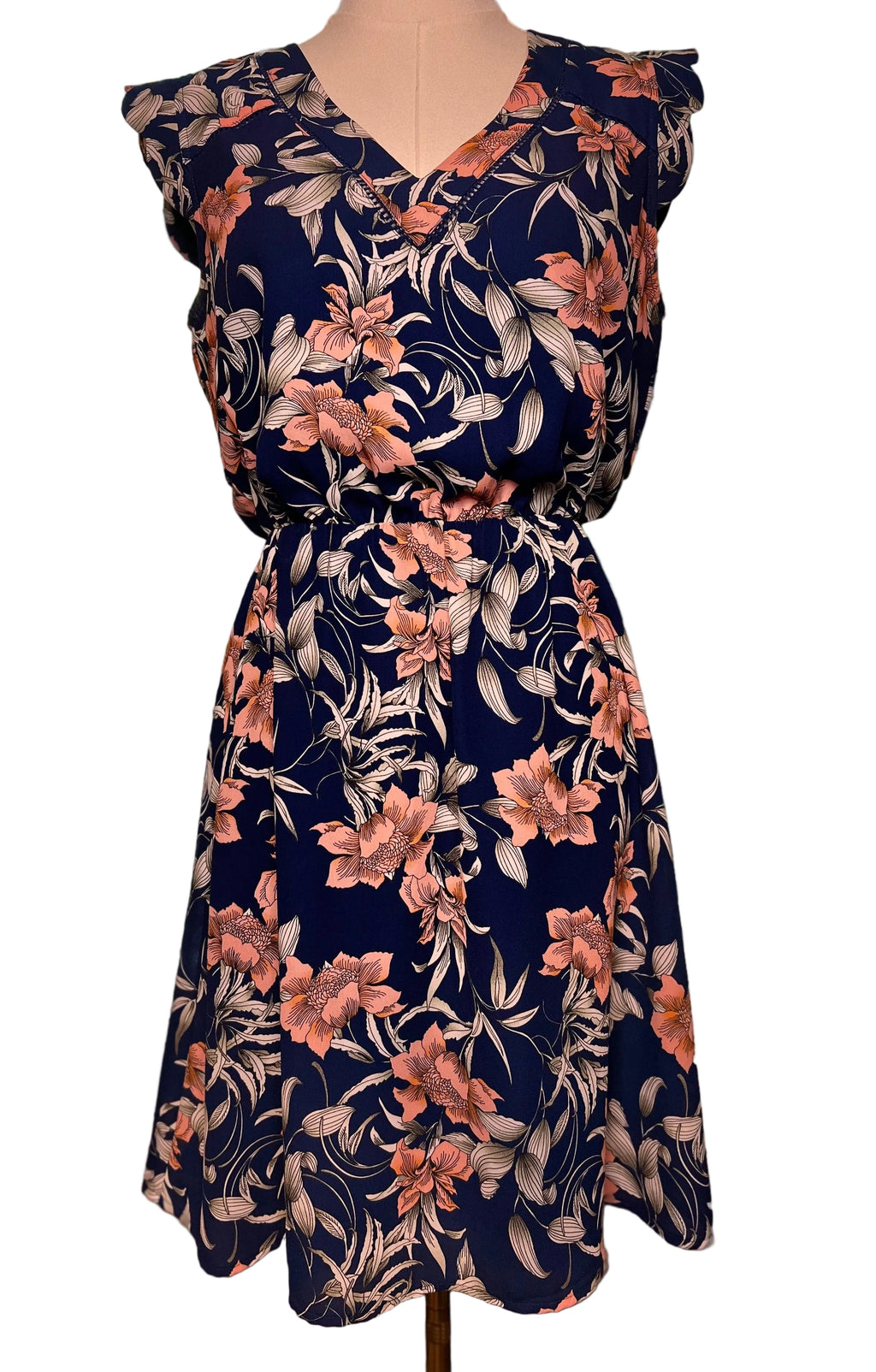 Navy Floral Flutter Sleeve Dress