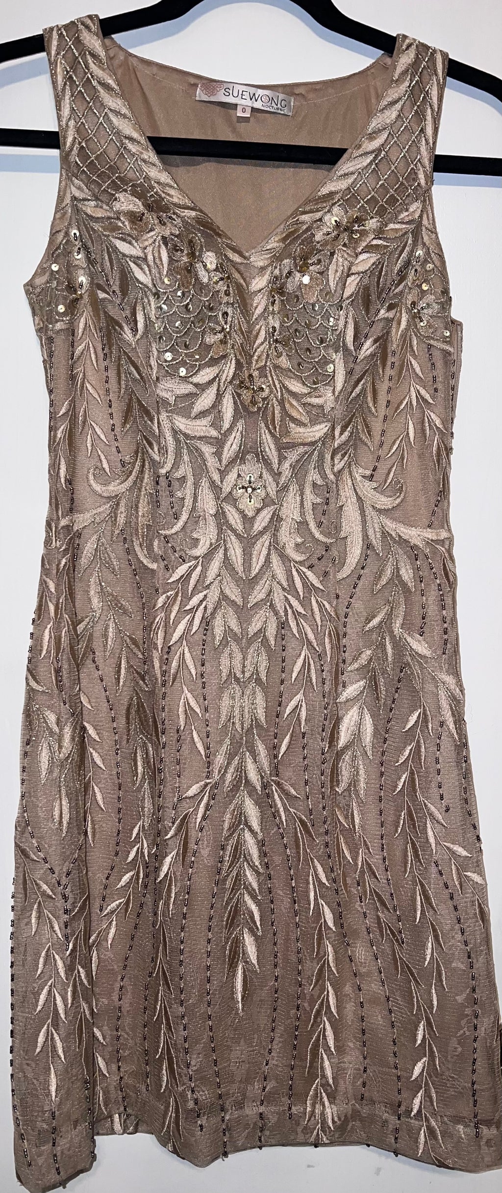 Sue Wong Gold Nocturne Beaded and Embroidered Cocktail Dress