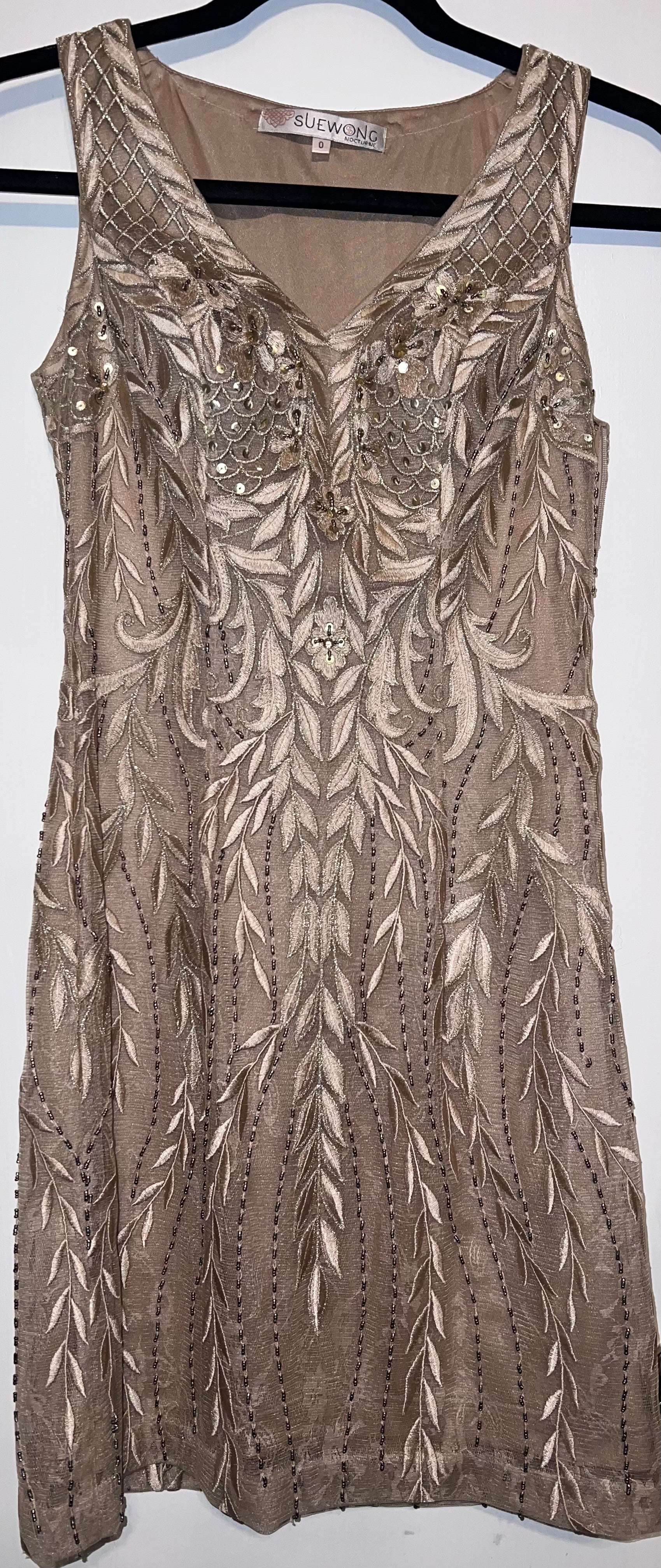 Sue Wong Gold Nocturne Beaded and Embroidered Cocktail Dress