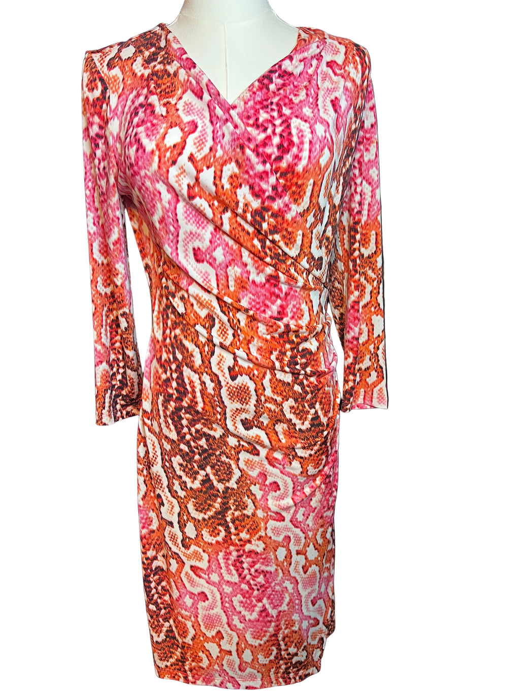 Bold Red & Pink Floral Ruched Cocktail Dress – Size 2 | Flattering Wrap Style