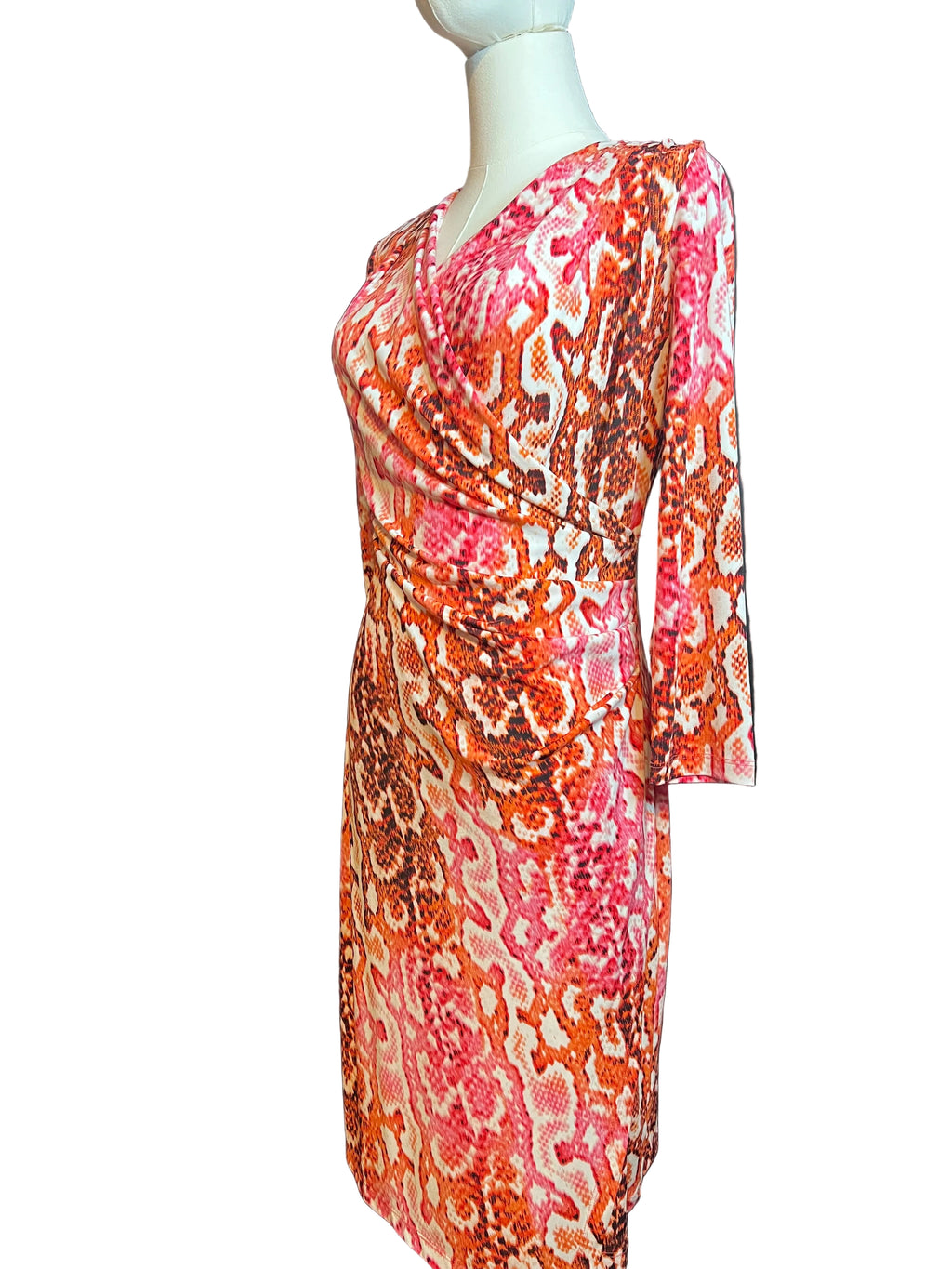 Bold Red & Pink Floral Ruched Cocktail Dress – Size 2 | Flattering Wrap Style