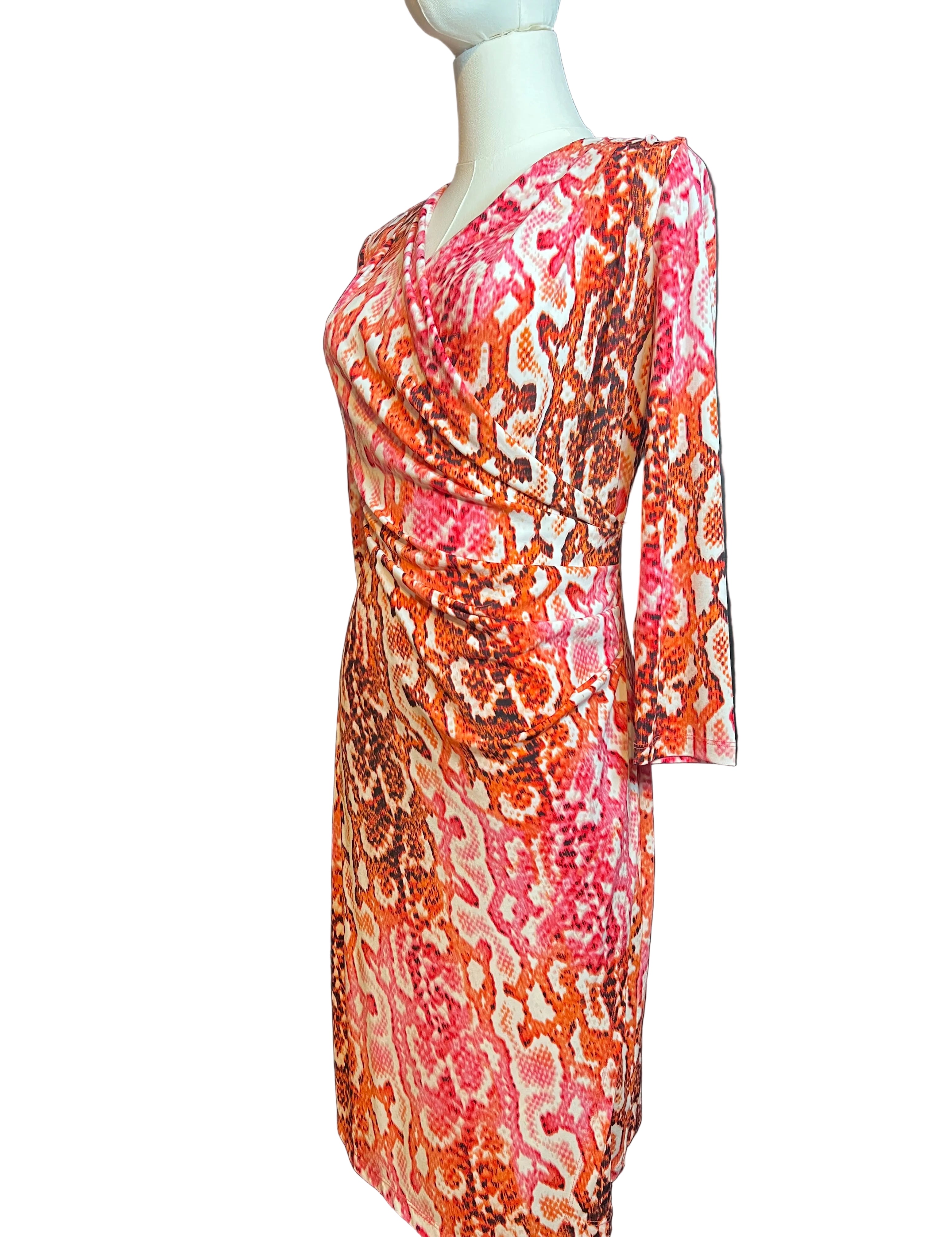 Bold Red & Pink Floral Ruched Cocktail Dress – Size 2 | Flattering Wrap Style