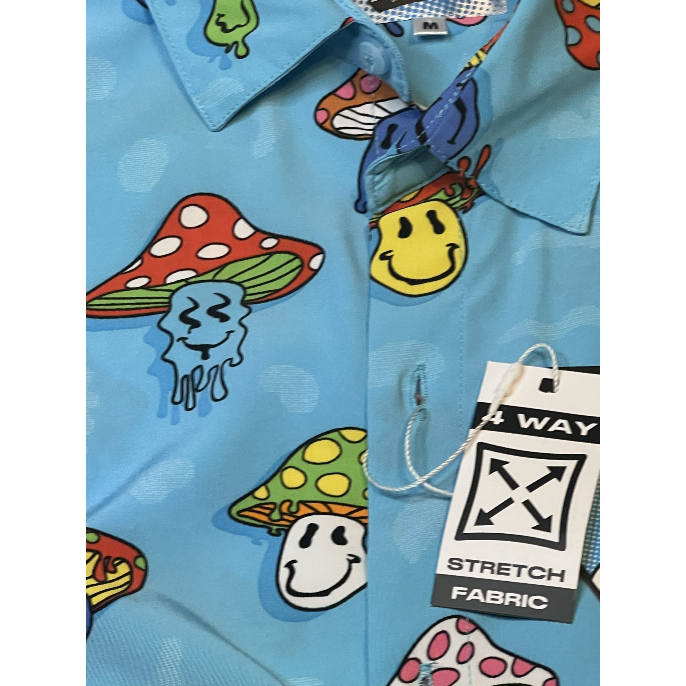 Blue Psychedelic Mushroom Smiley Button Down Shirt M