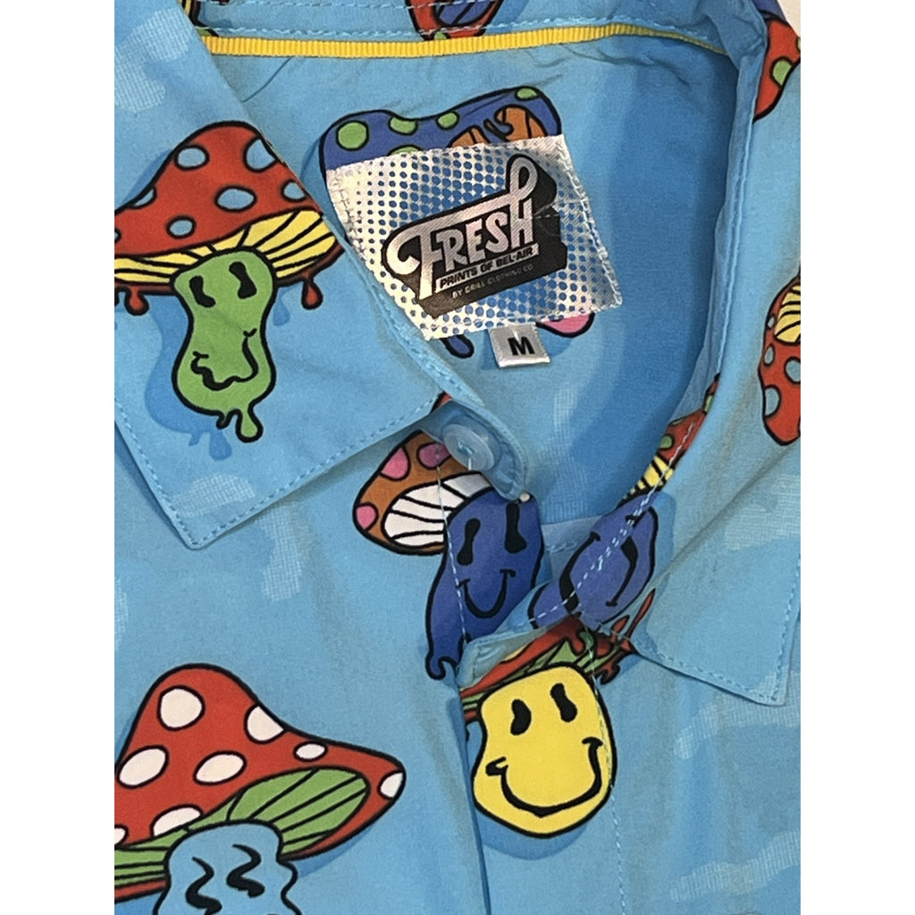 Blue Psychedelic Mushroom Smiley Button Down Shirt M