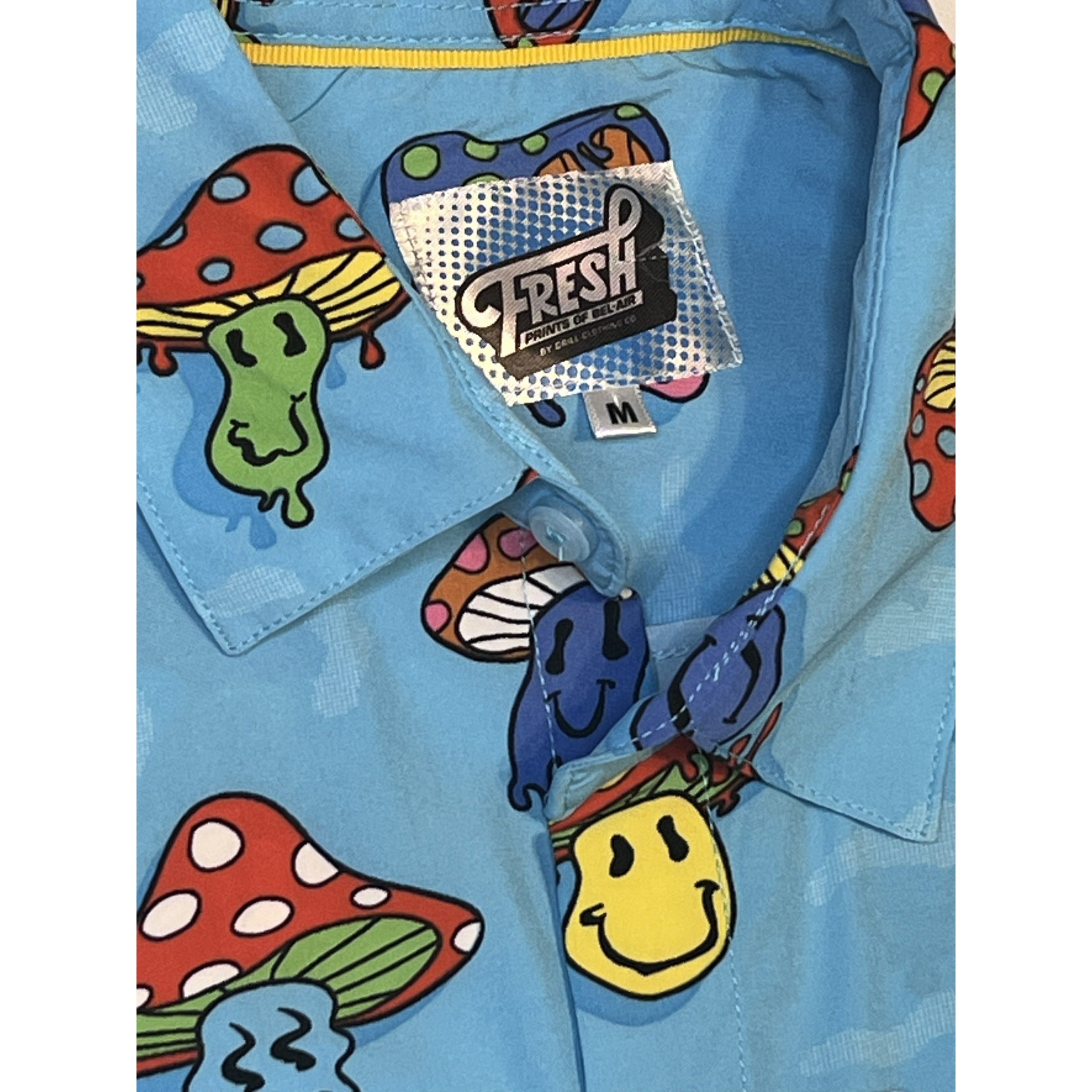 Blue Psychedelic Mushroom Smiley Button Down Shirt M