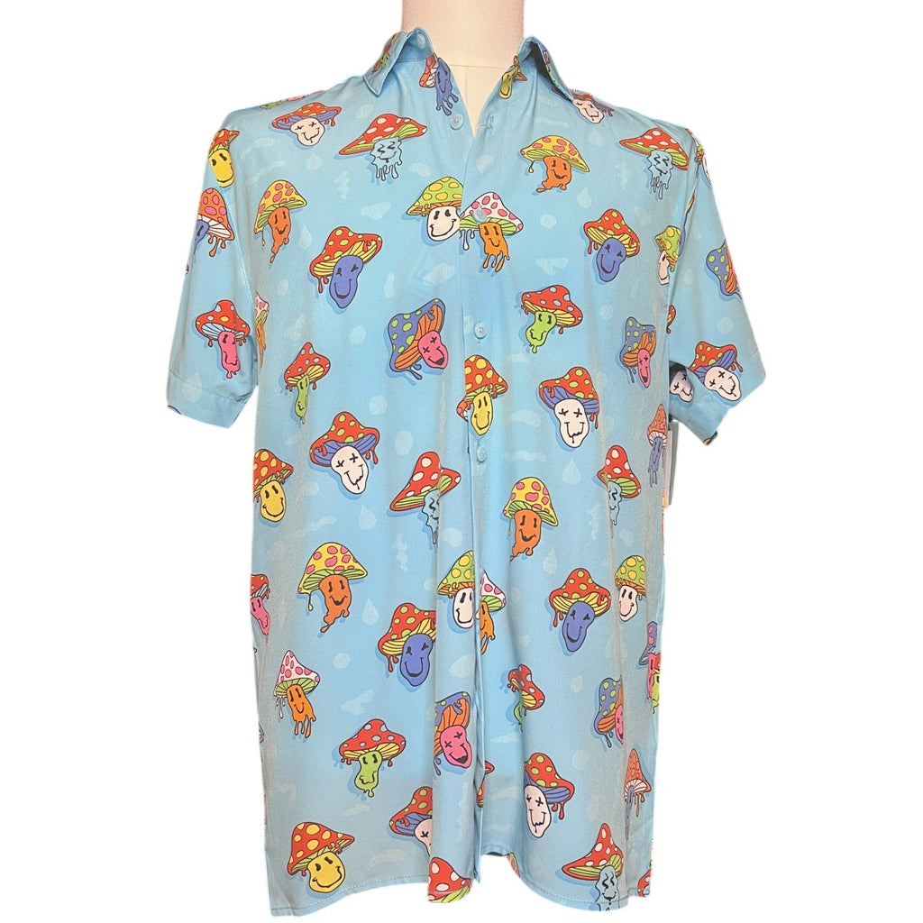 Blue Psychedelic Mushroom Smiley Button Down Shirt M