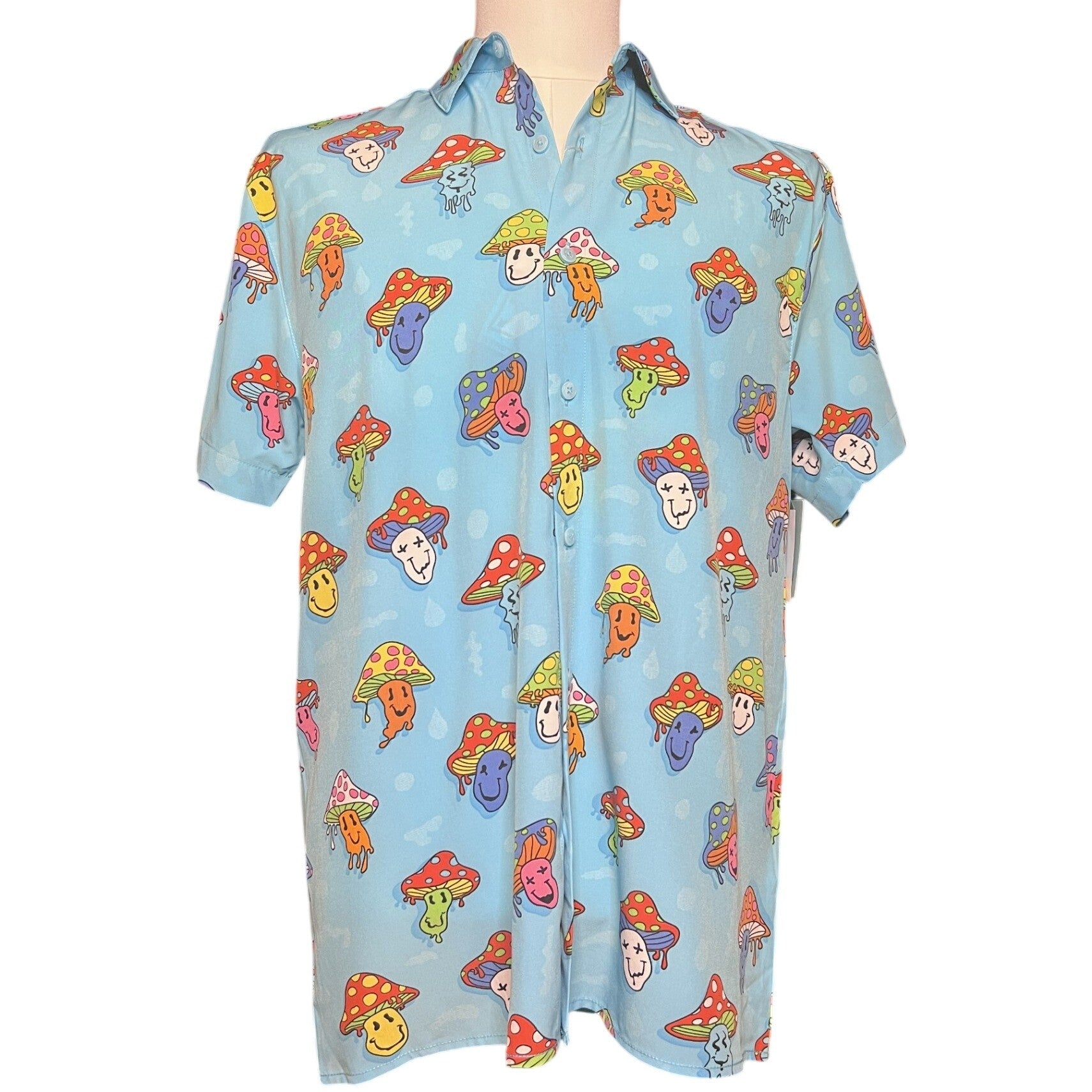 Blue Psychedelic Mushroom Smiley Button Down Shirt M