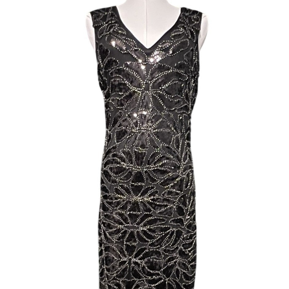 Vintage Style 1920s Flapper Dress Black Sequin Fringe Gatsby Costume & Headband