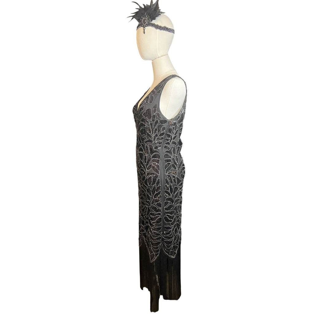 Vintage Style 1920s Flapper Dress Black Sequin Fringe Gatsby Costume & Headband
