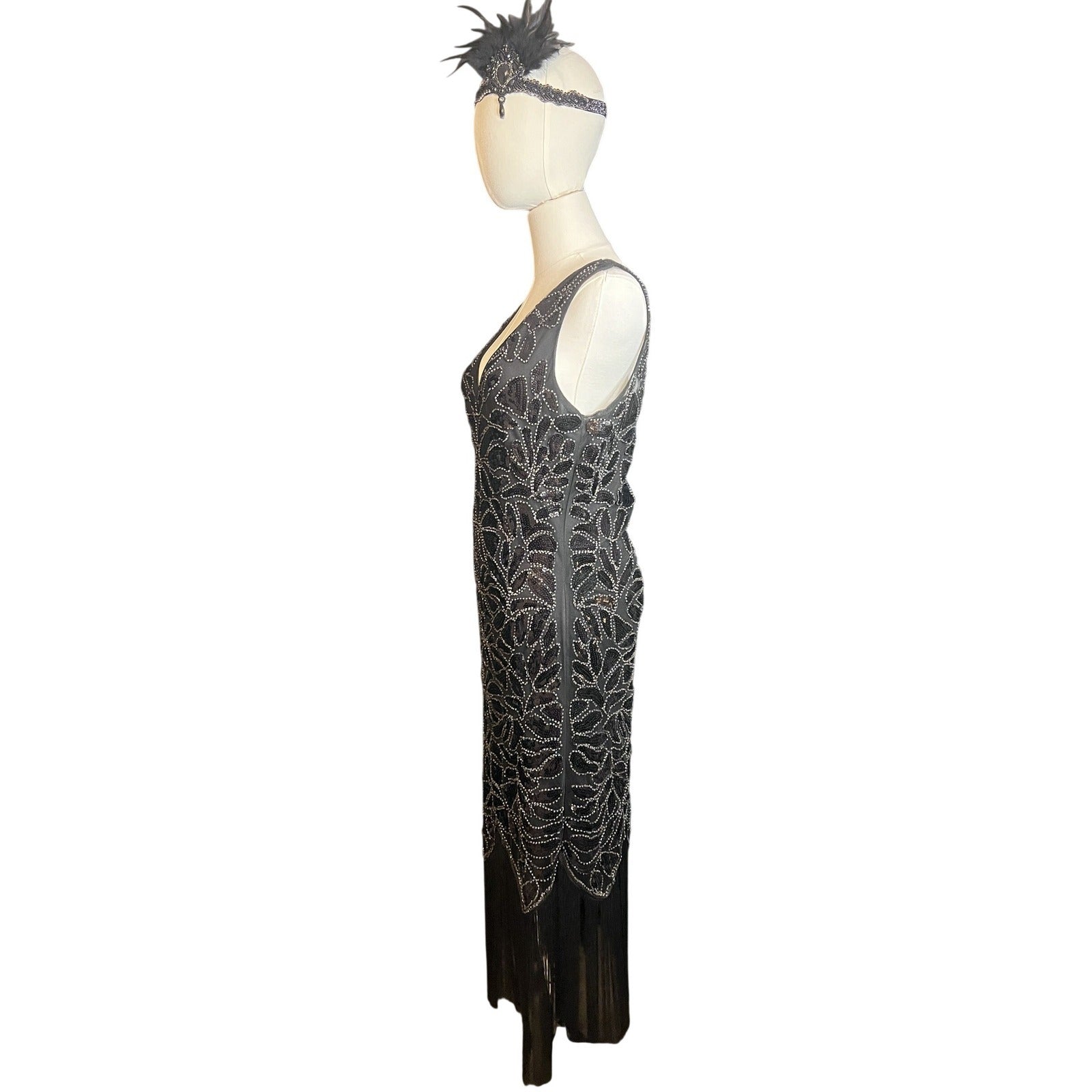 Vintage Style 1920s Flapper Dress Black Sequin Fringe Gatsby Costume & Headband