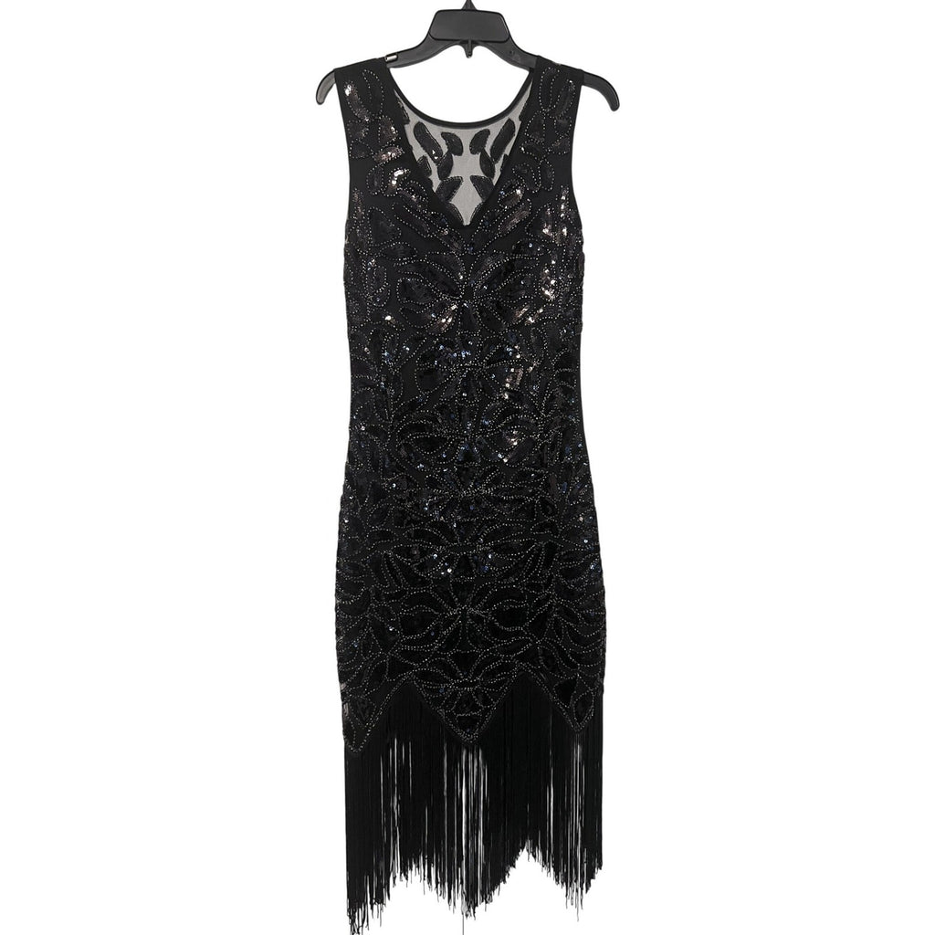 Vintage Style 1920s Flapper Dress Black Sequin Fringe Gatsby Costume & Headband