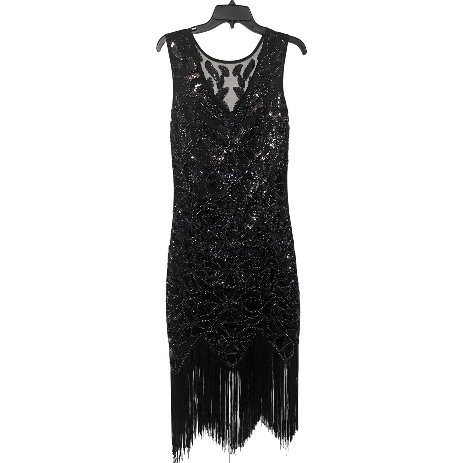 Vintage Style 1920s Flapper Dress Black Sequin Fringe Gatsby Costume & Headband
