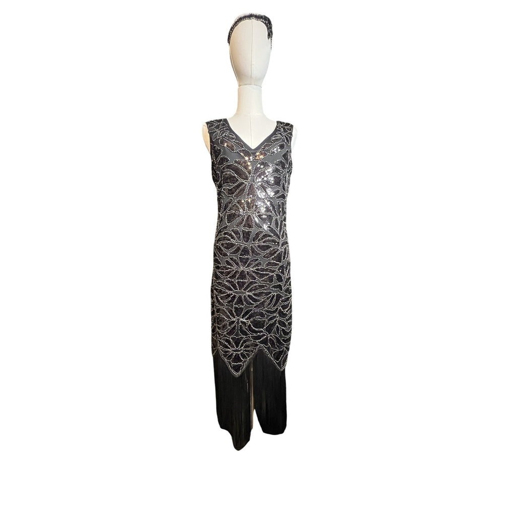 Vintage Style 1920s Flapper Dress Black Sequin Fringe Gatsby Costume & Headband